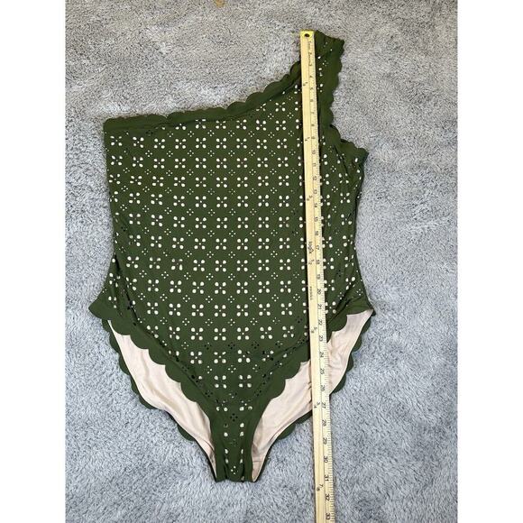 J. Crew Scalloped One-Shoulder‎ Swimsuit Size 20 Green Olive Nude Laser Cut Out - Picture 6 of 9